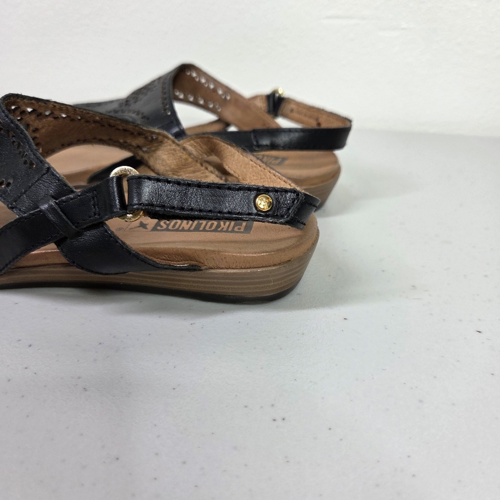 Pikolinos Black and Tan Women's Thong Sandals Lazer Cut-out - Picture 8 of 16